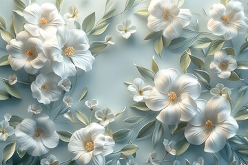 Botanical 3d background, white 3d flowers 3d rendering