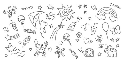 Doodle Summer children's elements collection. Black and white illustration. Simple abstract drawing. Cute kids holiday background. Cartoon outline kite, ice cream, star, rainbow