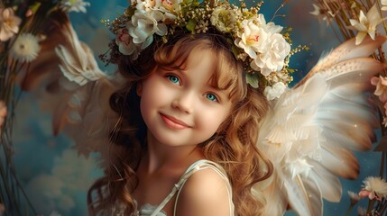 cute little angel with wings in a wreath of flowers, vintage style. fantasy art. beautiful angel girl portrait. fairy with wings, smiling as a queen of fairies.