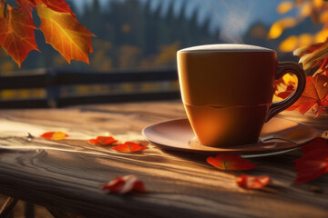Autumn leaves and a hot steaming cup of coffee. Wooden table and cup of coffee on autumn background. Autumn season, free time, coffee break, September, October, November concept.