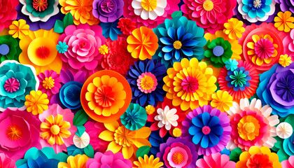 Fototapeta na wymiar Bright 3D paper flowers in a full-frame layout, ideal for festive and vibrant design elements, suitable for celebrations and spring or summer-themed projects.