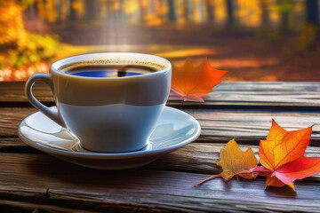 Autumn leaves and a hot steaming cup of coffee. Wooden table and cup of coffee on autumn background. Autumn season, free time, coffee break, September, October, November concept.