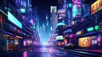 The picture of the neon night time futuristic cyberpunk scifi metropolis yet bright with neon light that fill everywhere of metropolis and fill with tall building and long roadway at night. AIGX01. - obrazy, fototapety, plakaty