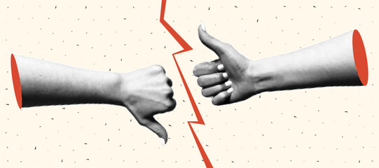 Halftone collage of a hand with thumbs up and thumbs down gestures. Banner with yes or no choice, torn paper collage. - obrazy, fototapety, plakaty