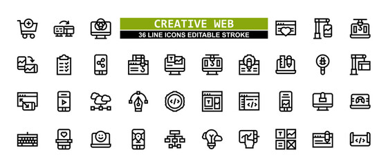 36 Creative Web Line Icons Set Pack Editable Stroke Vector Illustration.