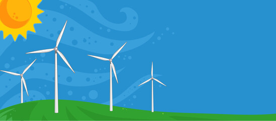 Wind farm, wind turbines in the field, wind towers, renewable energy sources - vector illustration
