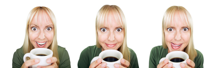 Funny Faced Woman Enjoys A Cup of Coffee Set of Three. Transparent PNG.