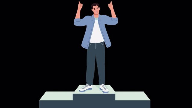 Successful deal concept. Task job done. Happy male character raises hand up celebrating success. 4k Animation with alpha channel on transparent background.