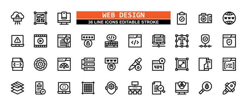 36 Web Design Line Icons Set Pack Editable Stroke Vector Illustration.
