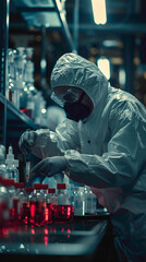 A Forensic Scientist Conducting laboratory tests to identify and characterize substances like drugs or toxic chemicals, realistic people photography