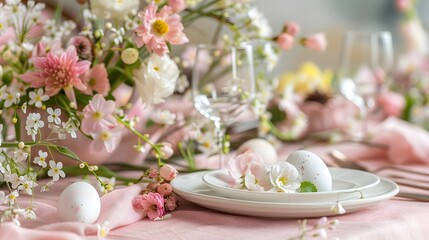 Fototapeta na wymiar Easter table. Easter holiday table setting with eggs and spring flowers on a pink linen background. Festive tablescapes. Easter brunch.