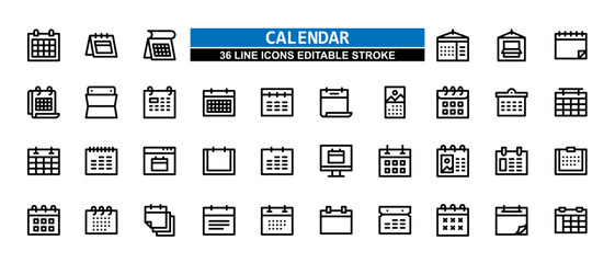 36 Calendar Line Icons Set Pack Editable Stroke Vector Illustration.