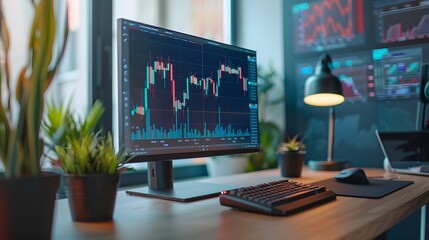 Desktop Computer Monitor with Business candle stick graph chart of stock market investment trading standing at work place at home. - obrazy, fototapety, plakaty