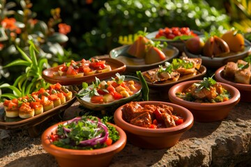Fototapeta premium Renewable Delights: Moroccan-Spanish Fusion Tapas Served on Biodegradable Dishware – Visualize an array of Moroccan-Spanish fusion tapas, 