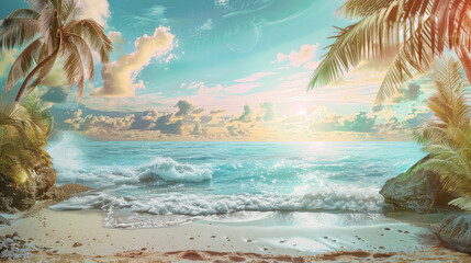 A vibrant printed image of a dreamy beach scene on high-quality paper - obrazy, fototapety, plakaty