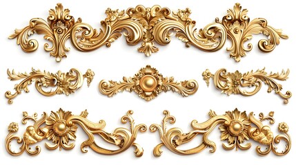 Golden baroque ornament elements isolated on white transparent background, png