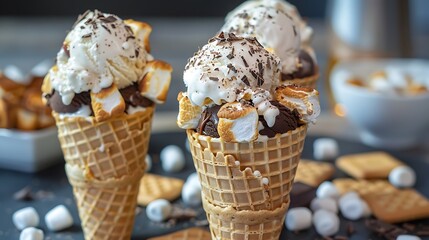 Home Made Smores Ice Cream Cones With Graham Crackers Marshmallows And Chocolate Chunks - obrazy, fototapety, plakaty
