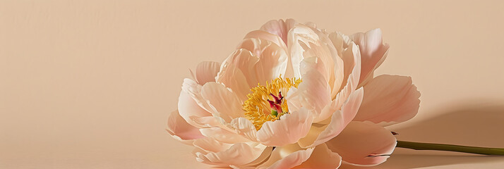 Peachy peony flower on neutral pastel beige background. Minimal stylish still life floral composition