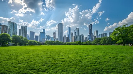 Green lawn with city skyline. Green Space, park in financial center