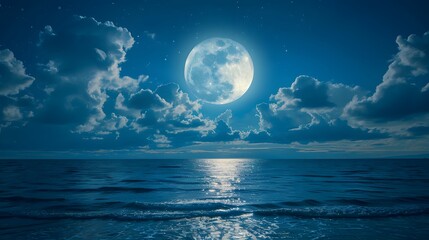 Full moon over the peaceful sea. Night sky with big blue moon rises above the sea among the clouds