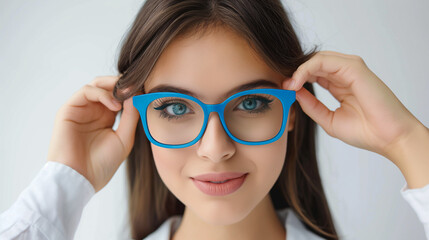Mulher usando óculos com armação azul no fundo branco