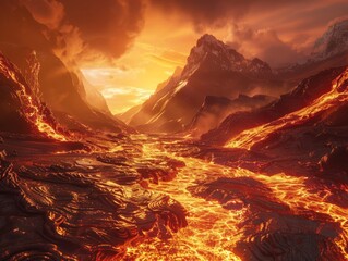 Ribbons of Molten Lava Flowing ThroughDramatic Landscape - Stunning Fire and Earth Contrast