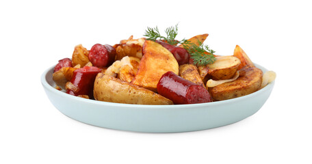 Delicious baked potato with thin dry smoked sausages, onion and dill isolated on white
