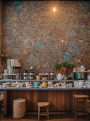 Cozy, inviting coffee shop interior adorned with large, intricate mural that covers entire wall, showcasing elaborate design of swirling patterns, vibrant colors. Counter, made of rich dark wood.