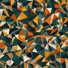Complex, intricate pattern of geometric shapes fills entire frame, creating visually stimulating abstract image. Triangles of various sizes, colors interlock, overlap.