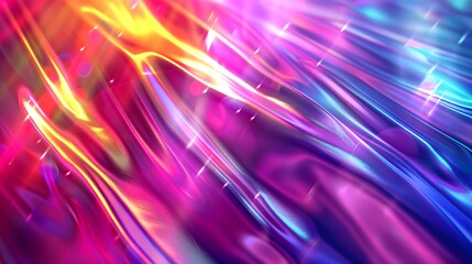 Holographic foil background. Abstract shiny festive backdrop. Iridescent sparkling glow. Led neon purple pink gold glowing. Refraction of rays through a prism