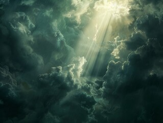 Fototapeta premium Radiant Sunlight Breaking Through Storm Clouds Over Landscape Photograph