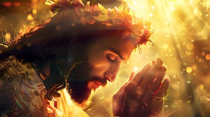 jesus with a floral wreath on his head and blessing hands in holy rays of spiritual light. bible illustration, christian mysticism, catholic religious art, christianism. fantasy art portrait - obrazy, fototapety, plakaty