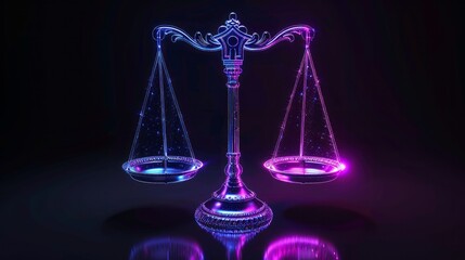 3d render techno neon purple blue glowing outline wireframe symbol of balance weight scale isolated on black background with glossy reflection on floor 
