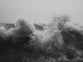 Serene Monochrome Ocean Waves Crashing Against Grayscale Shoreline