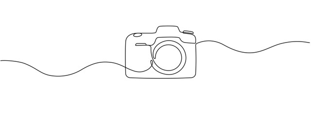 One continuous editable line drawing of a professional camera. Line vector illustration