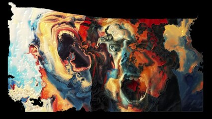 Shouters.
Two male faces with their mouths open distorted by effects.