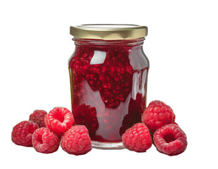 A jar with raspberry jam surrounded by raspberry fruits on a transparent background
