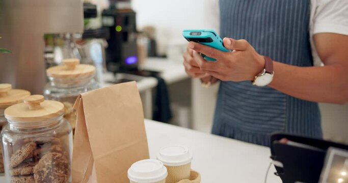 Person, pos machine and payment with cellphone for coffee order or tap for takeaway food, service or breakfast. Barista, customer and hands for small business or morning latte, parcel or restaurant