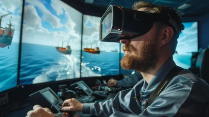 Foto auf Leinwand Simulator Training With Virtual Reality at Maritime Center © Prostock-studio