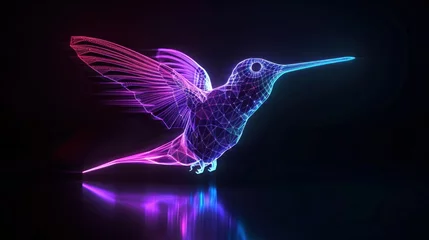 Foto op Canvas 3d render techno neon purple blue glowing outline wireframe symbol of tiny flying hummingbird isolated on black background with glossy reflection on floor  © Farda