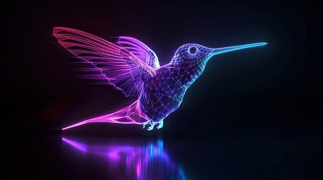 3d render techno neon purple blue glowing outline wireframe symbol of tiny flying hummingbird isolated on black background with glossy reflection on floor 
