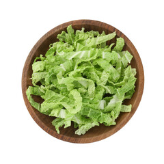 Shredded fresh Chinese cabbage in bowl isolated on white, top view