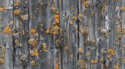  orange lichens adorn the fence's wood planks