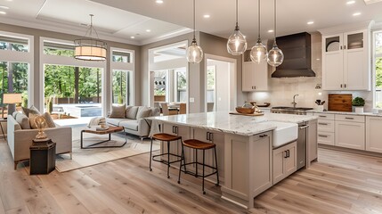kitchen and living room in newly constructed luxury home