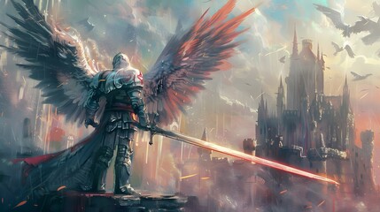 knight warrior angel with massive wings, medieval sword and with castle on background. fantasy background. heroic fantasy art. - obrazy, fototapety, plakaty