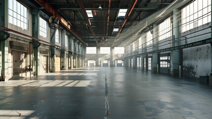 Large empty factory workshop space building. Large modern storehouse. - obrazy, fototapety, plakaty