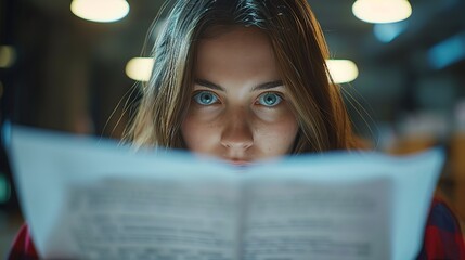 A close-up captures the intense focus of a young woman as she reads intently, her eyes peering over the top of an open book, set against a softly lit library backdrop.