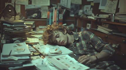 A scene of studious exhaustion, a young student has succumbed to sleep, surrounded by the chaos of books and papers, under the dim glow of a desk lamp.