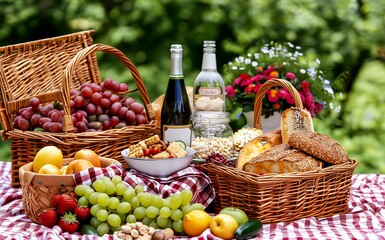 A picnic basket filled with fruits and bread is laid out on a checkered blanket