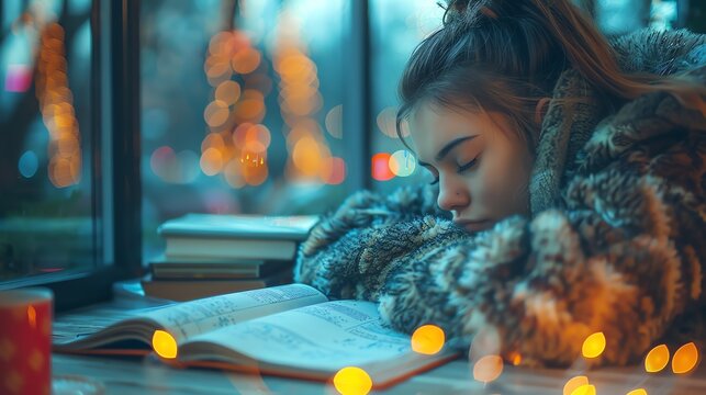 A tranquil winter evening study break, captured as a young student dozes peacefully amidst the warm glow of fairy lights, with an open book gently resting on her desk.